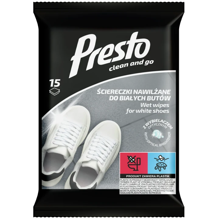 PRESTO Clean & Go Wet Wipes for White Shoes 15 Count