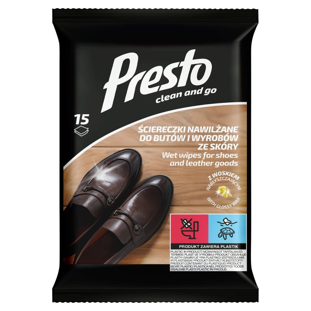 PRESTO Clean & Go Wet Wipes for Shoes & Leather Goods 15 Count